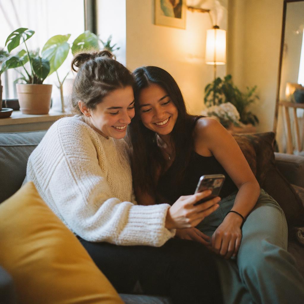 Two roommates smiling on a couch