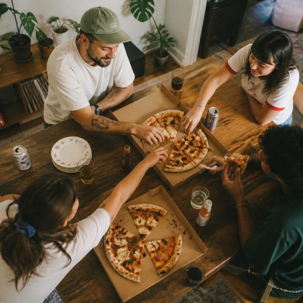 Friends sharing pizza at home
